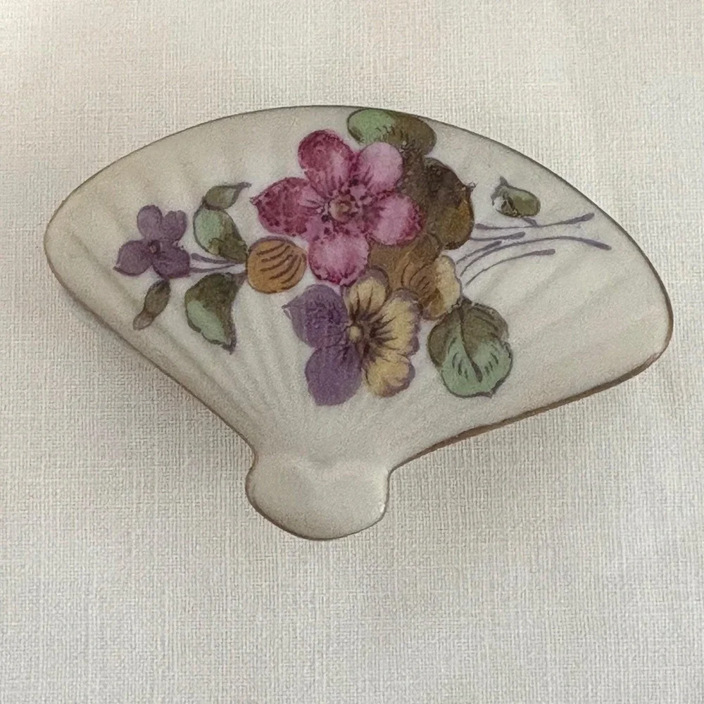 Lefton Fan Shaped Trinket Box Floral Butterfly Gold Trim Japan Vintage